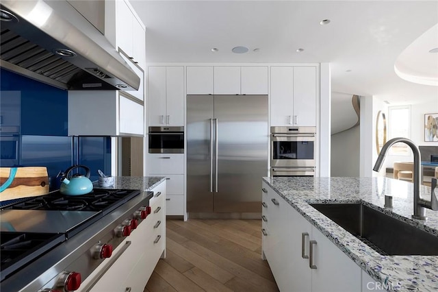 kitchen with white cabinetry, sink, stainless steel appliances, and exhaust hood