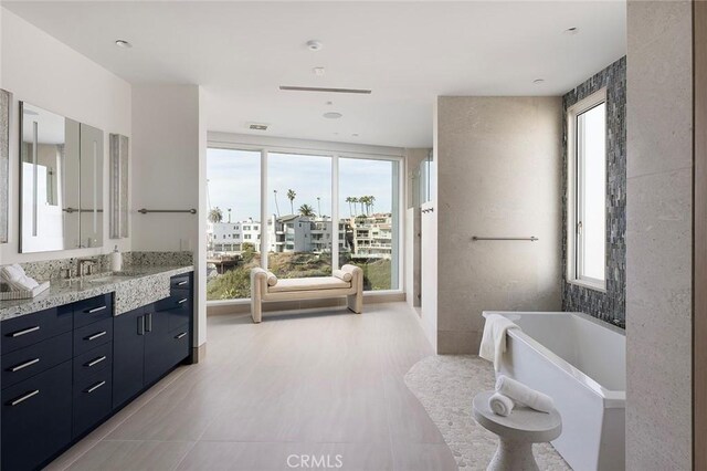 bathroom featuring vanity, a bath, and a wealth of natural light