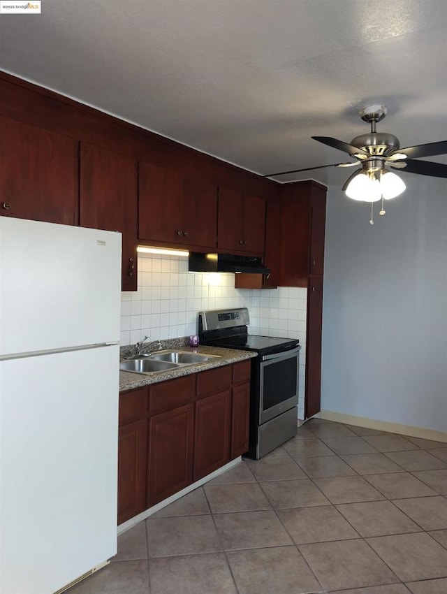 kitchen featuring sink, ventilation hood, decorative backsplash, stainless steel electric stove, and white fridge