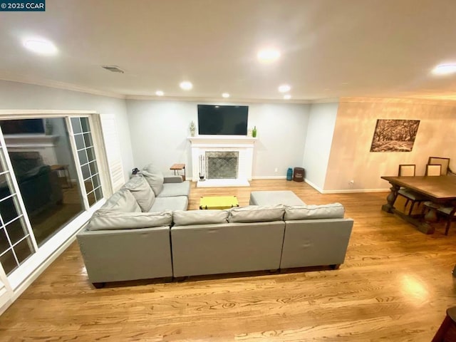 living room with wood-type flooring and ornamental molding