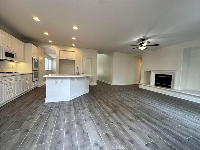 kitchen with white cabinetry, dark hardwood / wood-style flooring, and a center island with sink