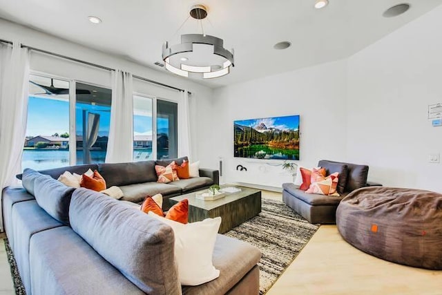 living room featuring a water view