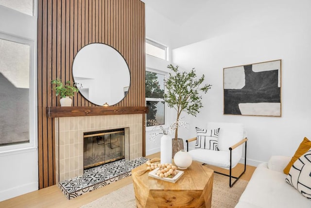 living room featuring wood-type flooring and a fireplace