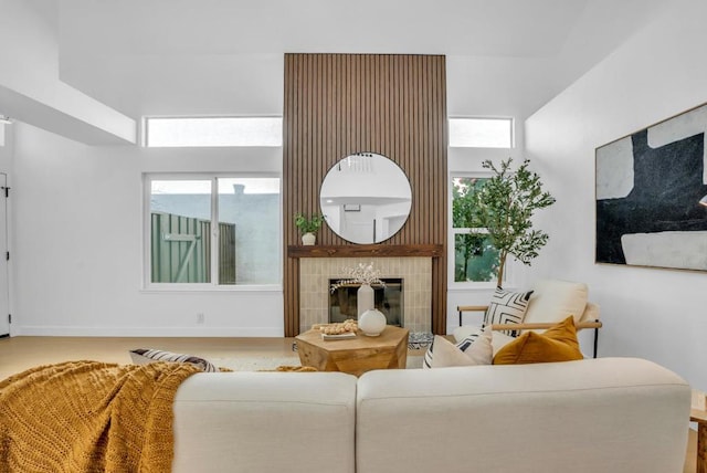 living room with a fireplace