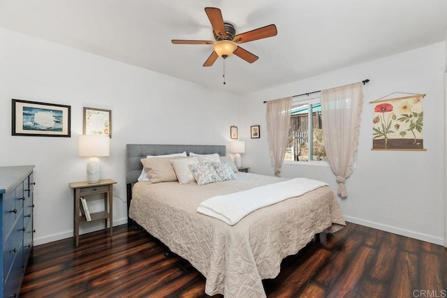 bedroom featuring ceiling fan and dark hardwood / wood-style flooring