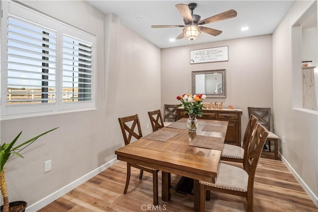 dining area with ceiling fan and wood-type flooring