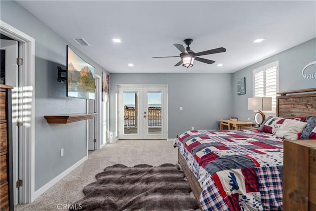 bedroom featuring access to exterior, french doors, ceiling fan, and carpet