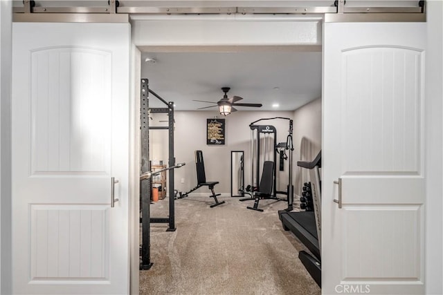 workout room with a barn door, carpet, and ceiling fan