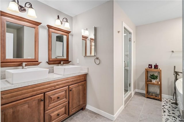 bathroom featuring vanity and plus walk in shower