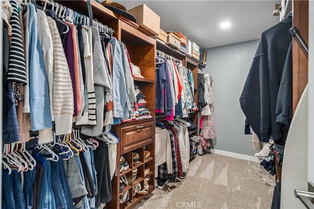 walk in closet with light carpet