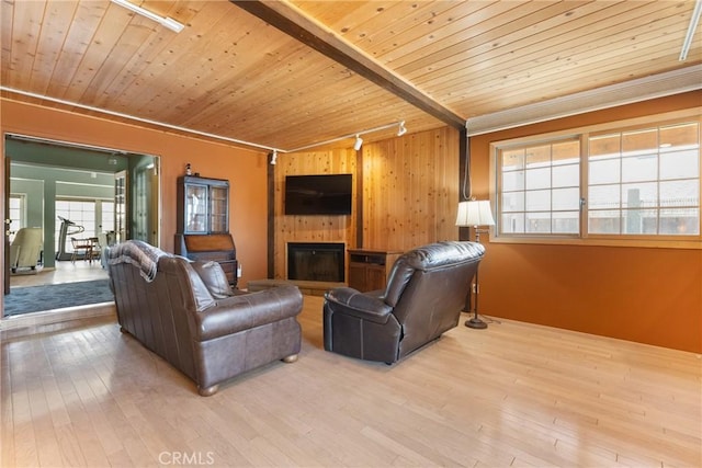 living room featuring crown molding, rail lighting, light hardwood / wood-style floors, wooden ceiling, and wood walls