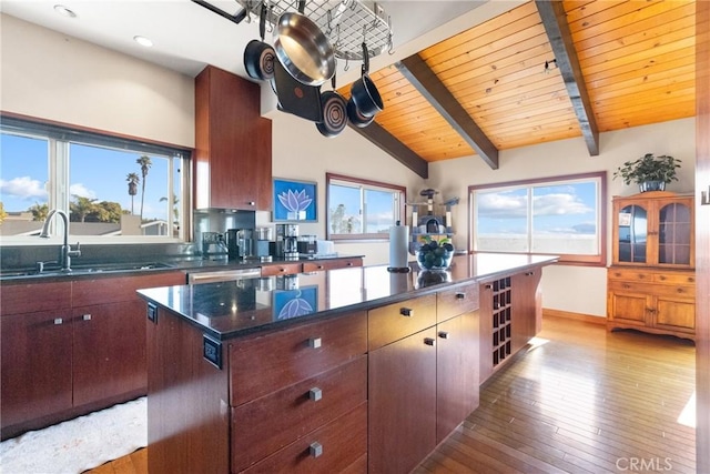 kitchen featuring sink, wood ceiling, plenty of natural light, and a kitchen island