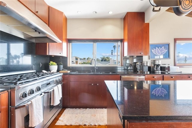 kitchen featuring sink, appliances with stainless steel finishes, ventilation hood, light hardwood / wood-style floors, and decorative backsplash