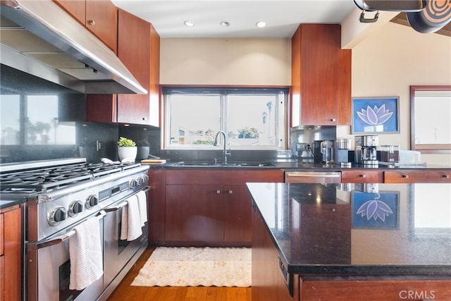 kitchen with sink, appliances with stainless steel finishes, tasteful backsplash, exhaust hood, and light wood-type flooring