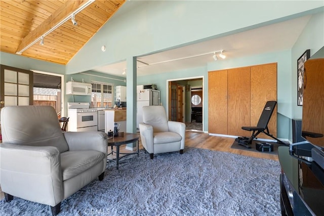 living room with wood-type flooring, wooden ceiling, lofted ceiling with beams, and track lighting