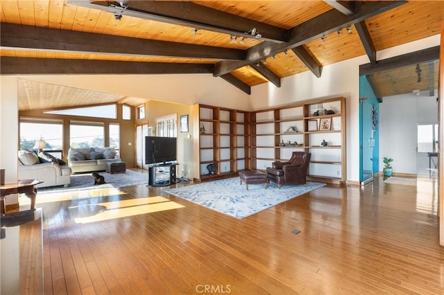 living room featuring wood ceiling, high vaulted ceiling, beamed ceiling, and hardwood / wood-style flooring