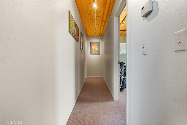 hall with wood ceiling and carpet floors