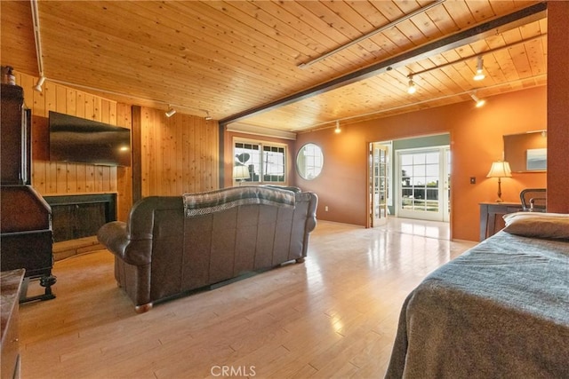 living room featuring wood ceiling, wooden walls, rail lighting, and a wealth of natural light