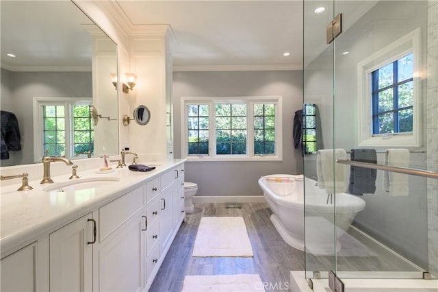 full bathroom with crown molding, plenty of natural light, vanity, and hardwood / wood-style flooring