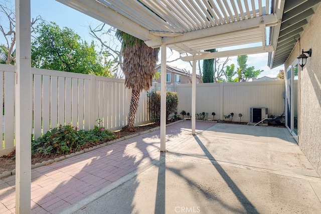 view of patio / terrace featuring central AC unit and a pergola