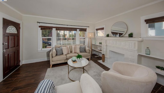 living room featuring crown molding and dark hardwood / wood-style flooring