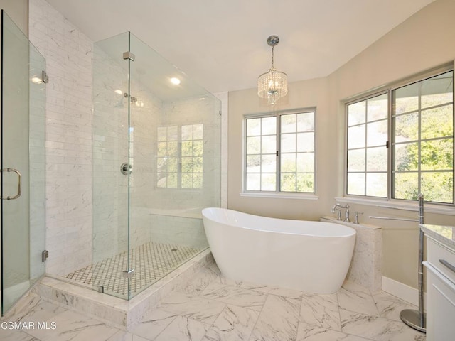 bathroom featuring independent shower and bath, vanity, lofted ceiling, and a wealth of natural light