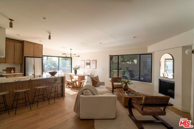 living room with sink and light hardwood / wood-style flooring