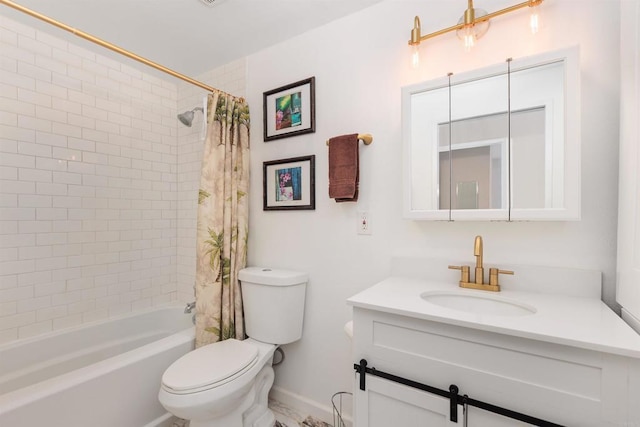 full bathroom with vanity, toilet, and shower / bath combo with shower curtain