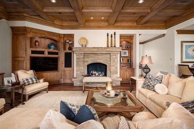 living room featuring coffered ceiling, a fireplace, beam ceiling, and wood-type flooring