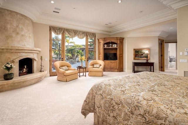 bedroom with crown molding, a high end fireplace, access to outside, and carpet