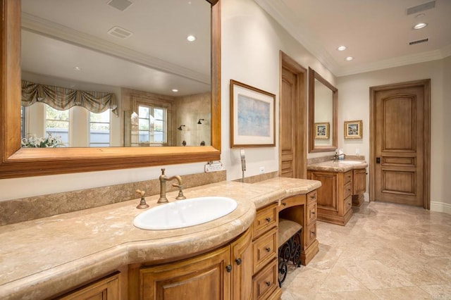 bathroom with vanity, crown molding, and walk in shower