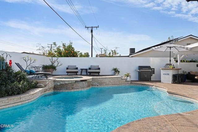 view of pool featuring a patio area and an in ground hot tub