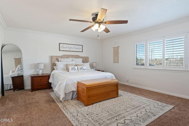 bedroom featuring ceiling fan, light colored carpet, and ornamental molding