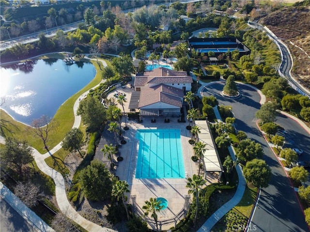 drone / aerial view featuring a water view