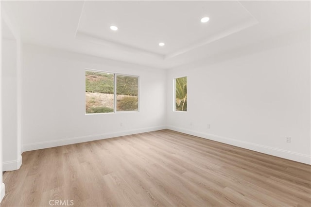 spare room featuring a tray ceiling and light wood-type flooring