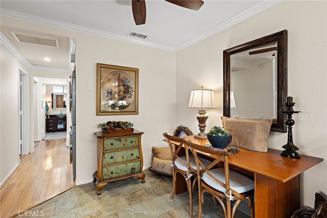 sitting room with crown molding, light hardwood / wood-style floors, and ceiling fan