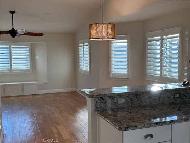 kitchen with lofted ceiling, ceiling fan, a wealth of natural light, and light wood-style floors