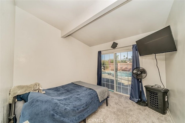 bedroom with vaulted ceiling with beams, light colored carpet, and access to exterior