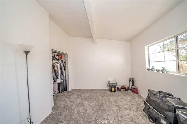 interior space featuring beam ceiling and carpet floors