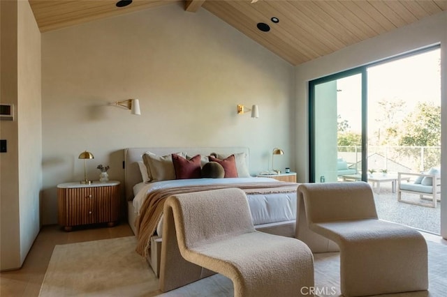 bedroom featuring wood ceiling, beamed ceiling, high vaulted ceiling, and access to outside