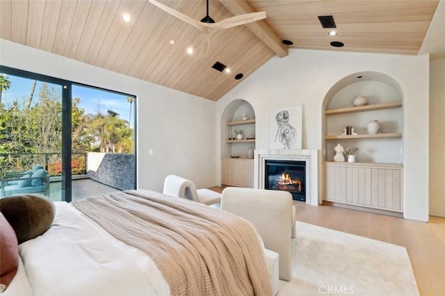 bedroom with a glass covered fireplace, wooden ceiling, wood finished floors, vaulted ceiling with beams, and access to exterior