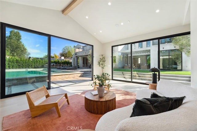 19845 Santa Rita St, Woodland Hills, CA 91364 - living area with recessed lighting, high vaulted ceiling, and beam ceiling