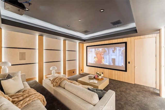 carpeted cinema room featuring a raised ceiling