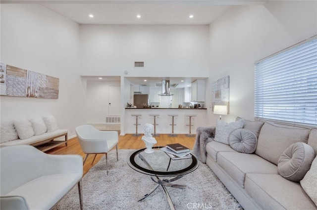 living room featuring light hardwood / wood-style floors and a high ceiling