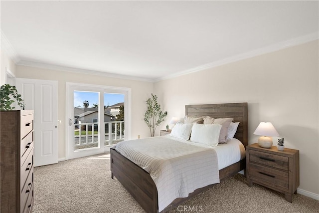 carpeted bedroom with crown molding and access to outside