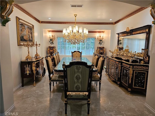 dining area featuring a notable chandelier and crown molding