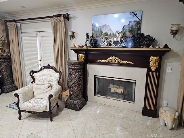 living area featuring ornamental molding