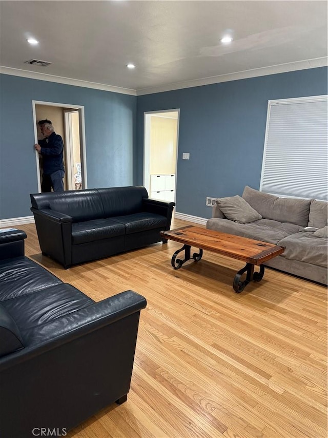 living room featuring crown molding and light hardwood / wood-style floors