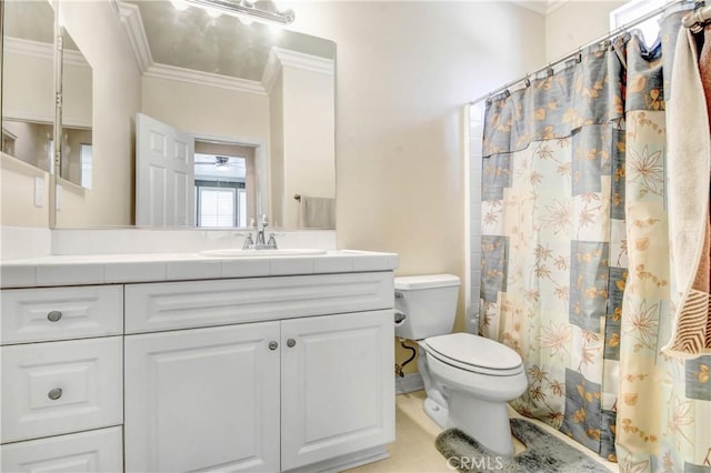 bathroom with vanity, crown molding, toilet, and a shower with shower curtain