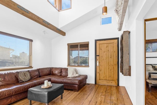 living room featuring wood-type flooring, high vaulted ceiling, and a wealth of natural light